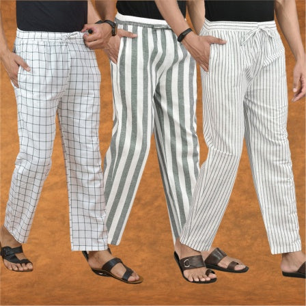 COMBO OF 3 MEN STRIPE COTTON HANDLOOM PANT GRAY WHITE AND WHITE-15321