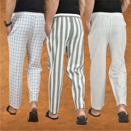 COMBO OF 3 MEN STRIPE COTTON HANDLOOM PANT GRAY WHITE AND WHITE-15321