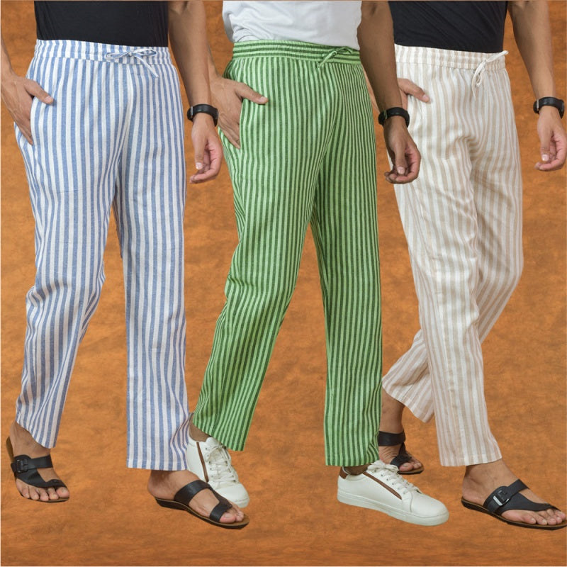 COMBO OF 3 MEN STRIPE COTTON HANDLOOM PANT OLIVE GREEN BEIGE AND BLUE-15212