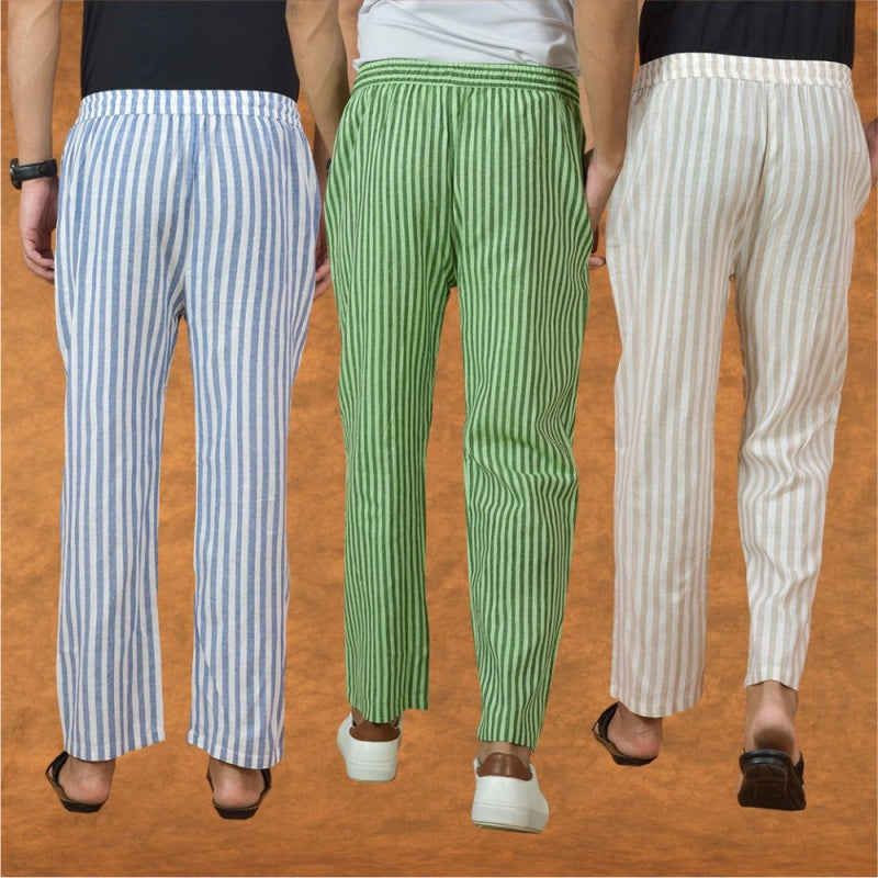COMBO OF 3 MEN STRIPE COTTON HANDLOOM PANT OLIVE GREEN BEIGE AND BLUE-15212