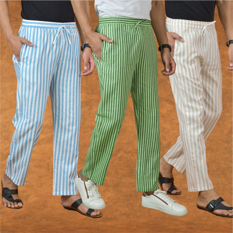 COMBO OF 3 MEN STRIPE COTTON HANDLOOM PANT OLIVE GREEN BEIGE AND SKY BLUE-15145