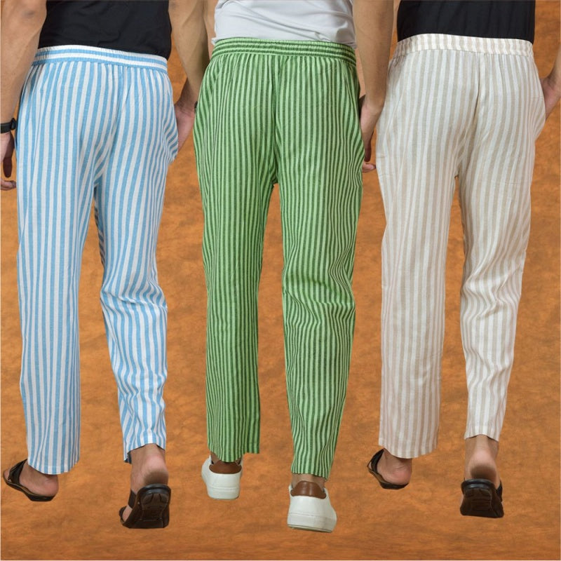 COMBO OF 3 MEN STRIPE COTTON HANDLOOM PANT OLIVE GREEN BEIGE AND SKY BLUE-15145