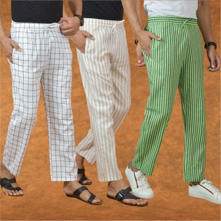 COMBO OF 3 MEN STRIPE COTTON HANDLOOM PANT OLIVE GREEN BEIGE AND WHITE-15267