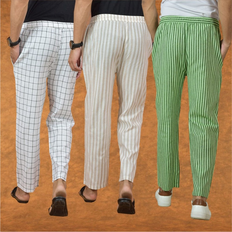 COMBO OF 3 MEN STRIPE COTTON HANDLOOM PANT OLIVE GREEN BEIGE AND WHITE-15267