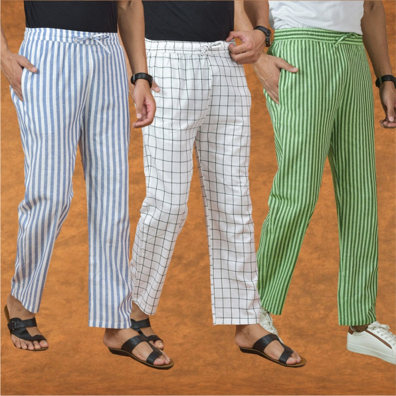 COMBO OF 3 MEN STRIPE COTTON HANDLOOM PANT OLIVE GREEN WHITE AND BLUE-15201