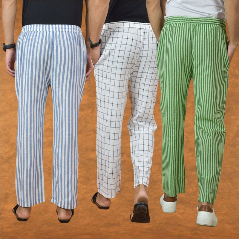 COMBO OF 3 MEN STRIPE COTTON HANDLOOM PANT OLIVE GREEN WHITE AND BLUE-15201