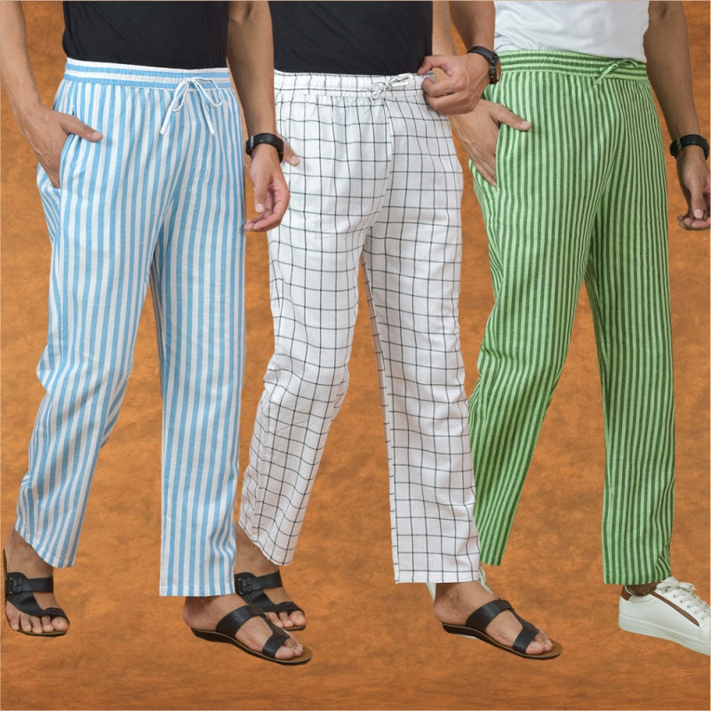 COMBO OF 3 MEN STRIPE COTTON HANDLOOM PANT OLIVE GREEN WHITE AND SKY BLUE-15135
