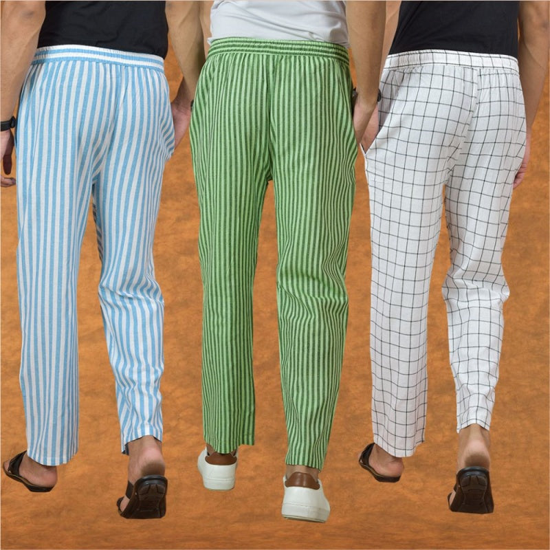 COMBO OF 3 MEN STRIPE COTTON HANDLOOM PANT OLIVE GREEN WHITE AND SKY BLUE-15135