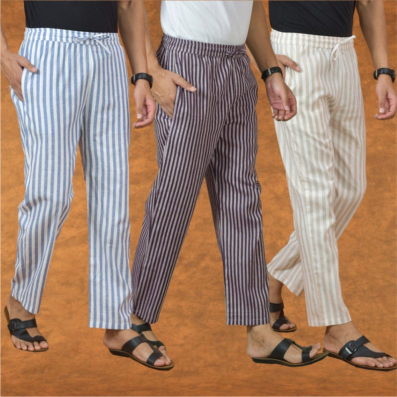 COMBO OF 3 MEN STRIPE COTTON HANDLOOM PANT PURPLE BEIGE AND BLUE-15216