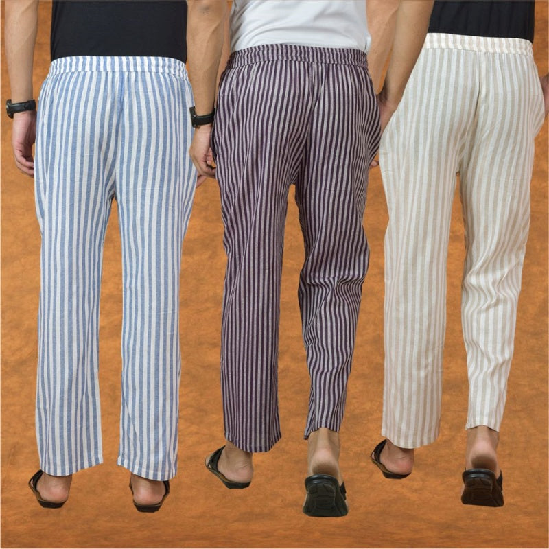 COMBO OF 3 MEN STRIPE COTTON HANDLOOM PANT PURPLE BEIGE AND BLUE-15216