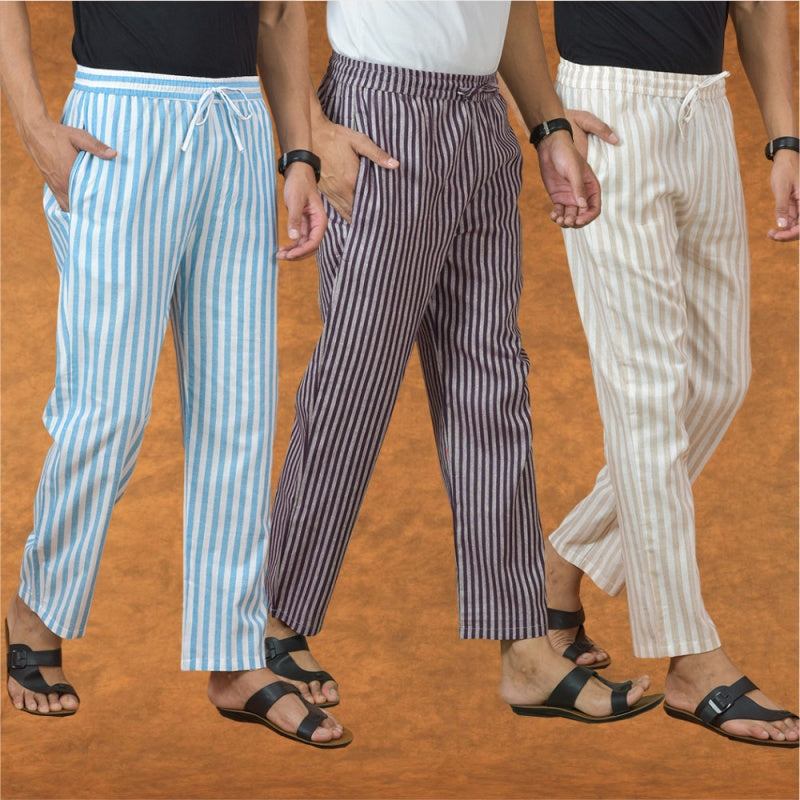 COMBO OF 3 MEN STRIPE COTTON HANDLOOM PANT PURPLE BEIGE AND SKY BLUE-15149