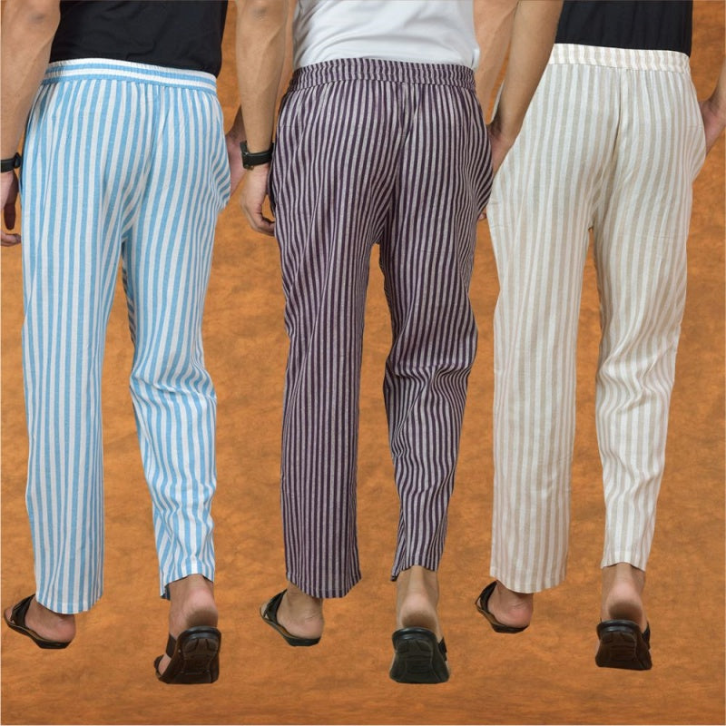 COMBO OF 3 MEN STRIPE COTTON HANDLOOM PANT PURPLE BEIGE AND SKY BLUE-15149