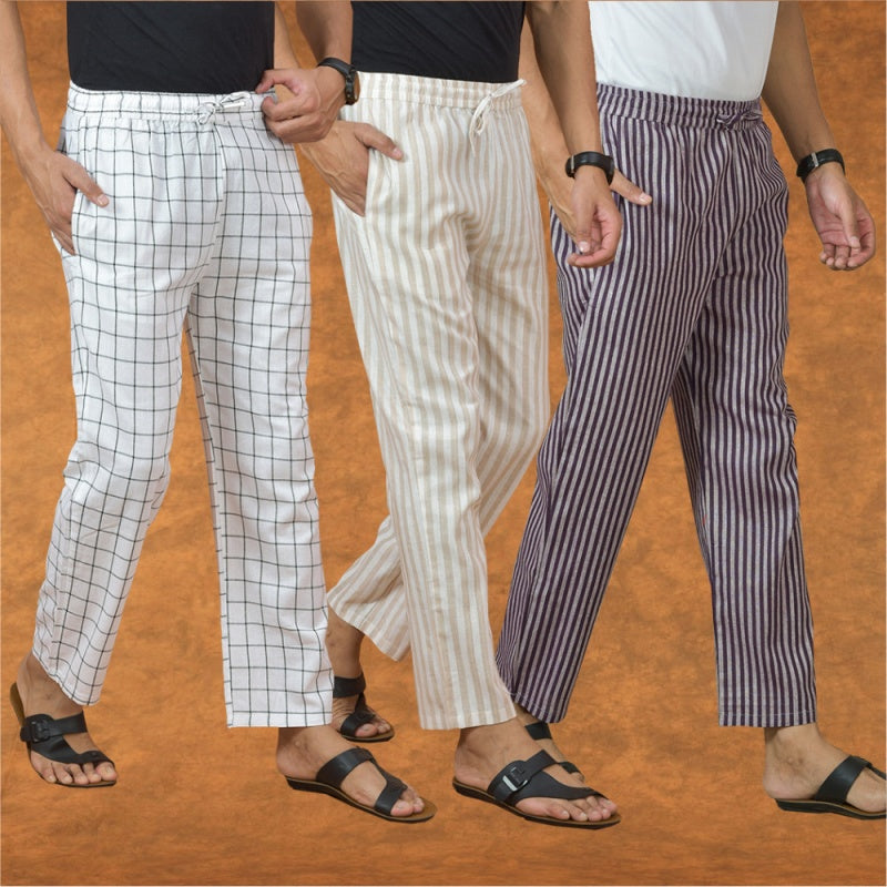 COMBO OF 3 MEN STRIPE COTTON HANDLOOM PANT PURPLE BEIGE AND WHITE-15271