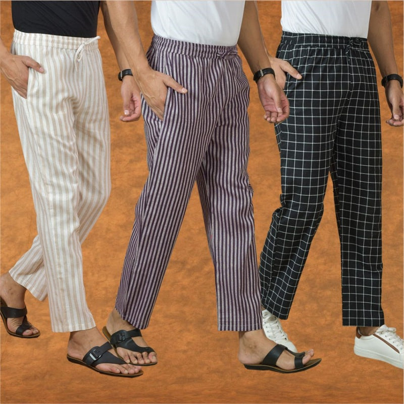 COMBO OF 3 MEN STRIPE COTTON HANDLOOM PANT PURPLE BLACK AND BEIGE-15333
