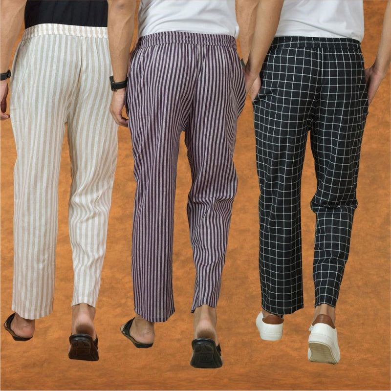 COMBO OF 3 MEN STRIPE COTTON HANDLOOM PANT PURPLE BLACK AND BEIGE-15333