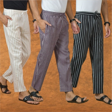 COMBO OF 3 MEN STRIPE COTTON HANDLOOM PANT PURPLE BLACK AND BEIGE-15340