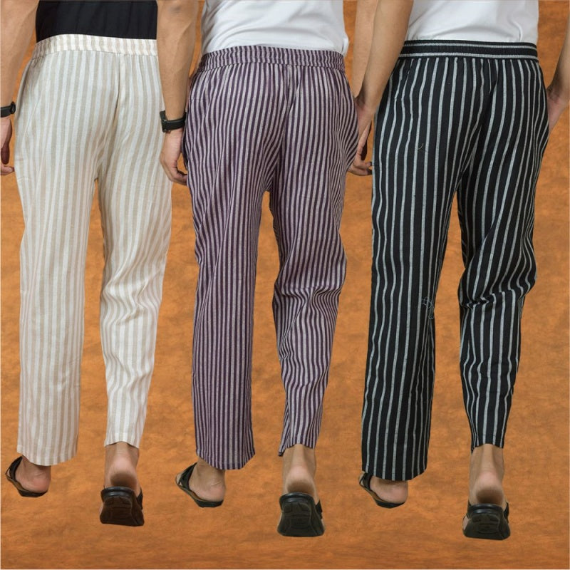 COMBO OF 3 MEN STRIPE COTTON HANDLOOM PANT PURPLE BLACK AND BEIGE-15340