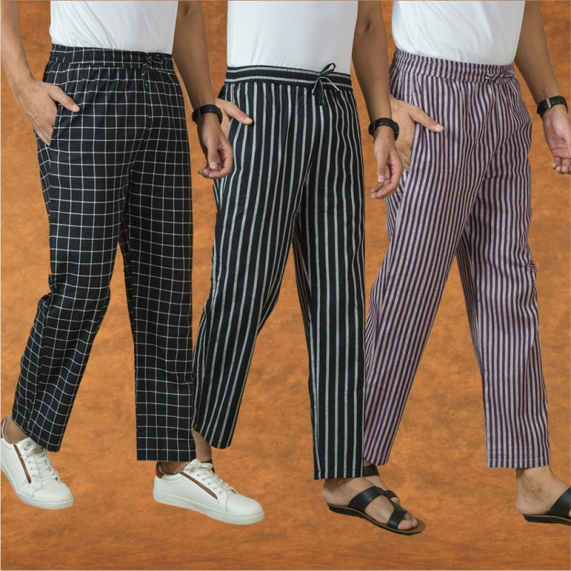 COMBO OF 3 MEN STRIPE COTTON HANDLOOM PANT PURPLE BLACK AND BLACK-15404