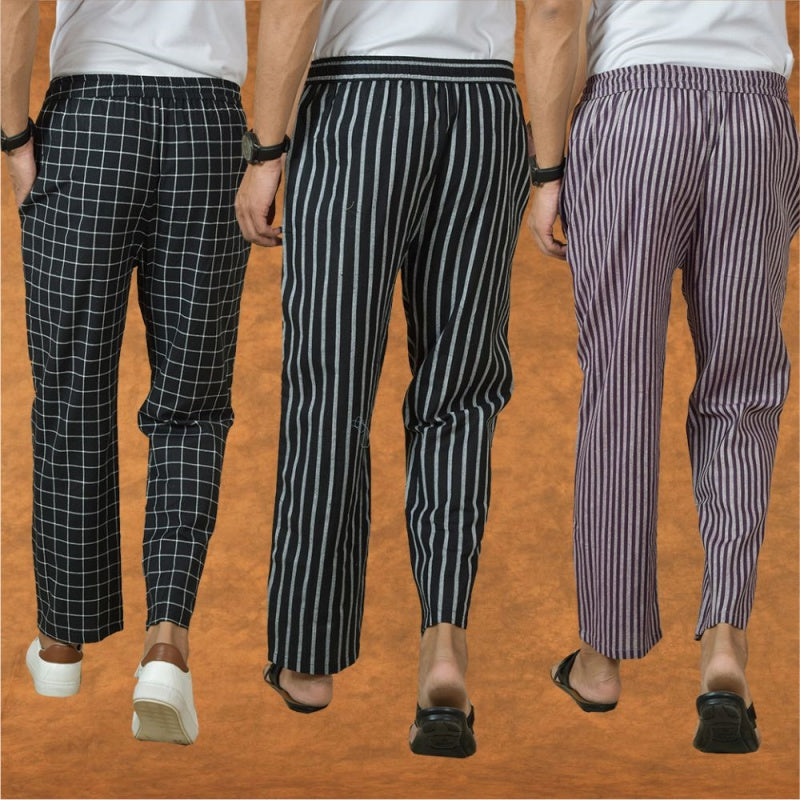 COMBO OF 3 MEN STRIPE COTTON HANDLOOM PANT PURPLE BLACK AND BLACK-15404