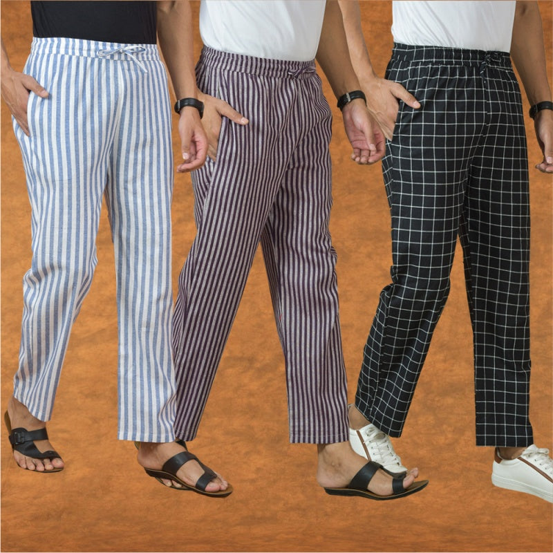 COMBO OF 3 MEN STRIPE COTTON HANDLOOM PANT PURPLE BLACK AND BLUE-15233