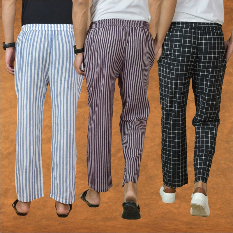 COMBO OF 3 MEN STRIPE COTTON HANDLOOM PANT PURPLE BLACK AND BLUE-15233