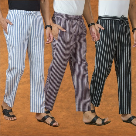 COMBO OF 3 MEN STRIPE COTTON HANDLOOM PANT PURPLE BLACK AND BLUE-15240