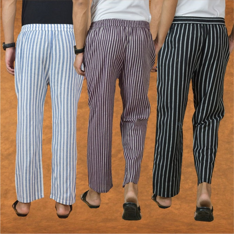 COMBO OF 3 MEN STRIPE COTTON HANDLOOM PANT PURPLE BLACK AND BLUE-15240