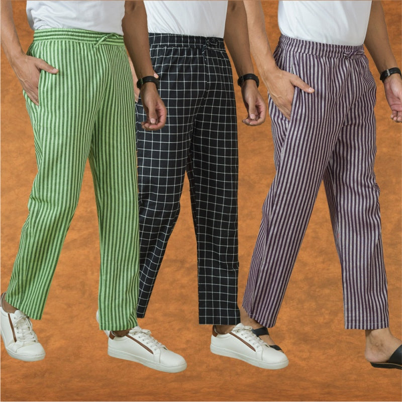 COMBO OF 3 MEN STRIPE COTTON HANDLOOM PANT PURPLE BLACK AND OLIVE GREEN-15369