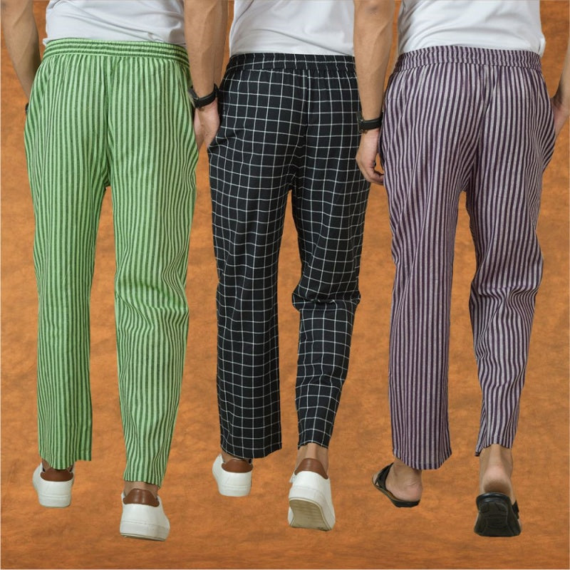 COMBO OF 3 MEN STRIPE COTTON HANDLOOM PANT PURPLE BLACK AND OLIVE GREEN-15369