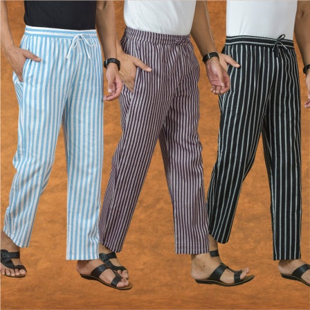 COMBO OF 3 MEN STRIPE COTTON HANDLOOM PANT PURPLE BLACK AND SKY BLUE-15173