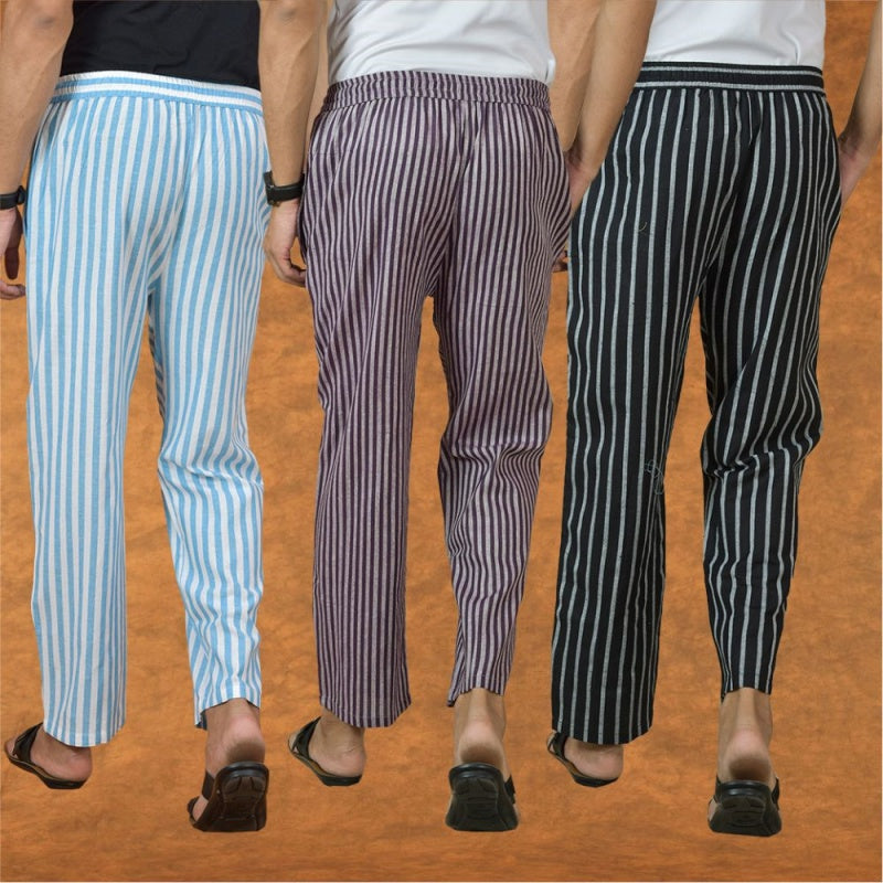 COMBO OF 3 MEN STRIPE COTTON HANDLOOM PANT PURPLE BLACK AND SKY BLUE-15173