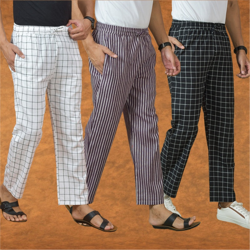 COMBO OF 3 MEN STRIPE COTTON HANDLOOM PANT PURPLE BLACK AND WHITE-15288