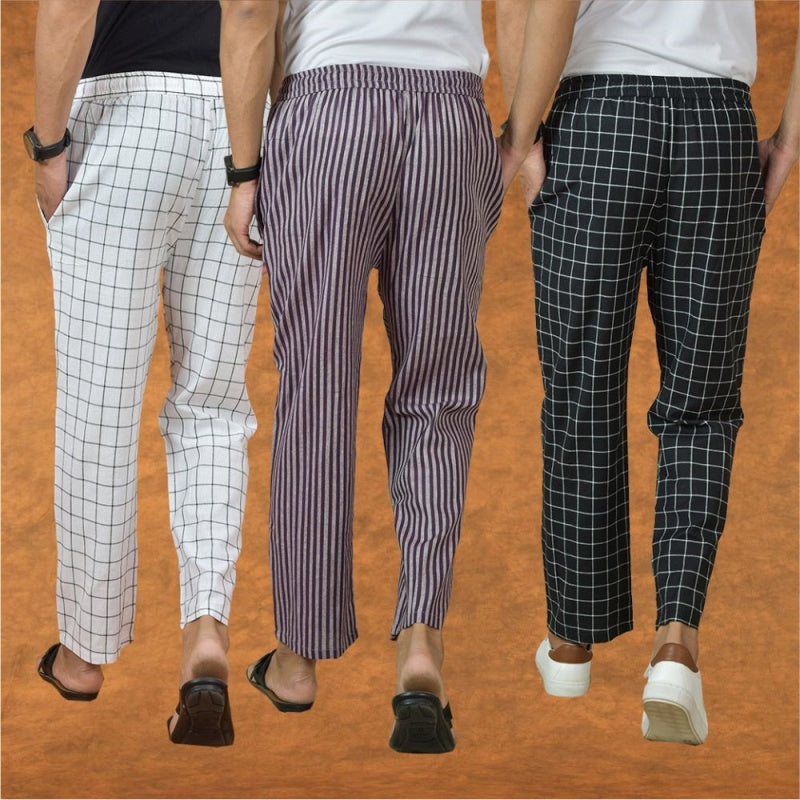 COMBO OF 3 MEN STRIPE COTTON HANDLOOM PANT PURPLE BLACK AND WHITE-15288