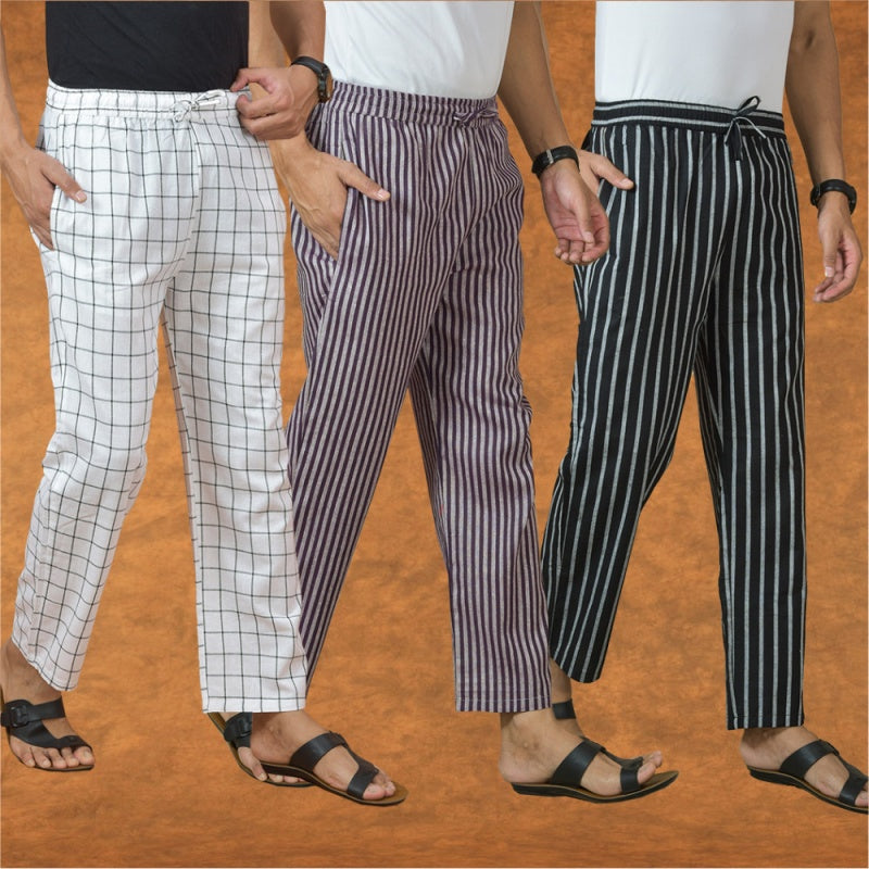 COMBO OF 3 MEN STRIPE COTTON HANDLOOM PANT PURPLE BLACK AND WHITE-15295
