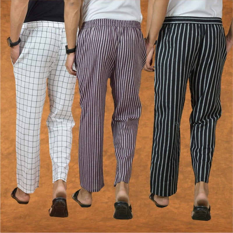 COMBO OF 3 MEN STRIPE COTTON HANDLOOM PANT PURPLE BLACK AND WHITE-15295