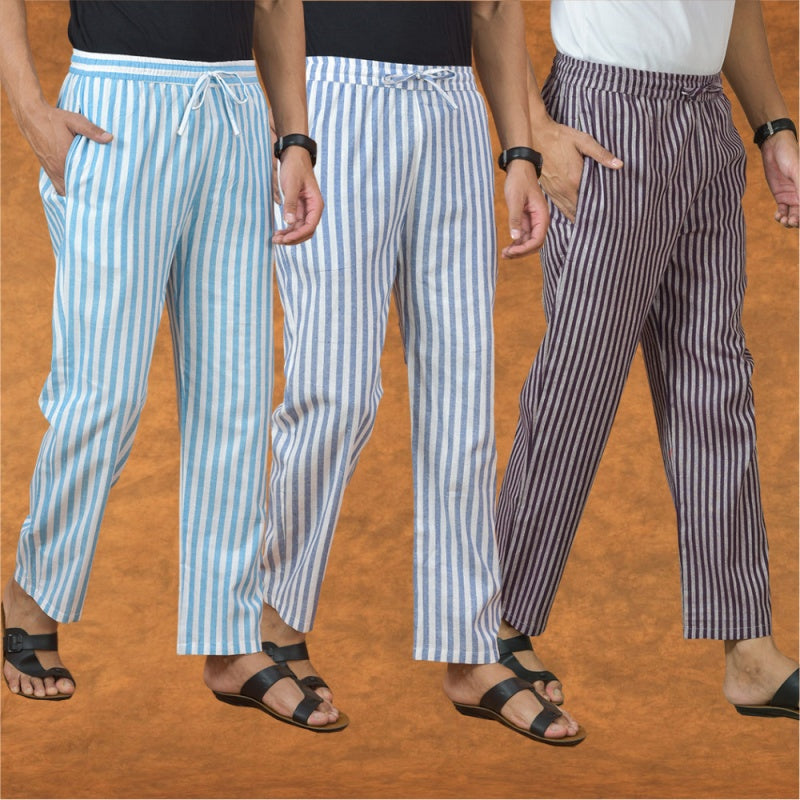 COMBO OF 3 MEN STRIPE COTTON HANDLOOM PANT PURPLE BLUE AND SKY BLUE-15128