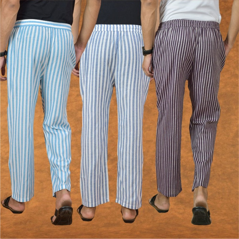 COMBO OF 3 MEN STRIPE COTTON HANDLOOM PANT PURPLE BLUE AND SKY BLUE-15128