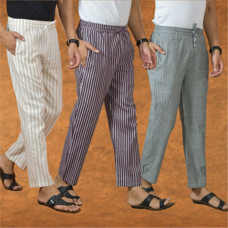 COMBO OF 3 MEN STRIPE COTTON HANDLOOM PANT PURPLE GRAY AND BEIGE-15346