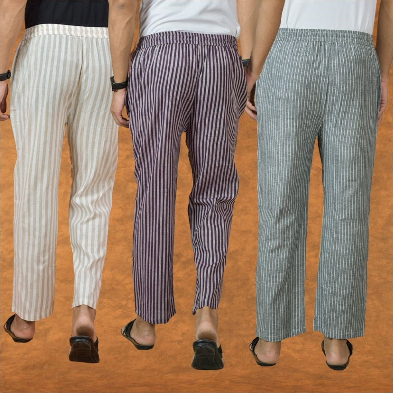 COMBO OF 3 MEN STRIPE COTTON HANDLOOM PANT PURPLE GRAY AND BEIGE-15346