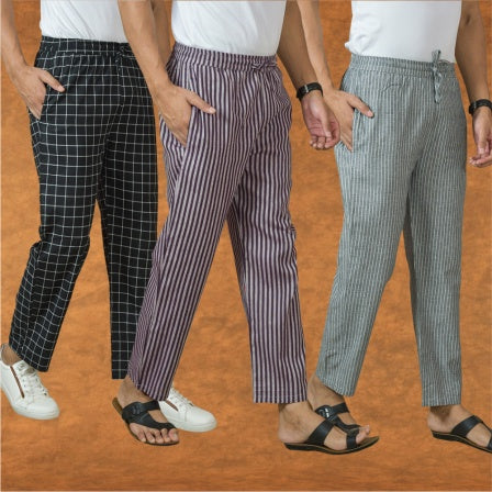 COMBO OF 3 MEN STRIPE COTTON HANDLOOM PANT PURPLE GRAY AND BLACK-15410