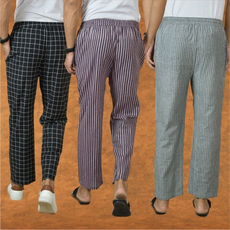 COMBO OF 3 MEN STRIPE COTTON HANDLOOM PANT PURPLE GRAY AND BLACK-15410