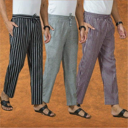 COMBO OF 3 MEN STRIPE COTTON HANDLOOM PANT PURPLE GRAY AND BLACK-15431