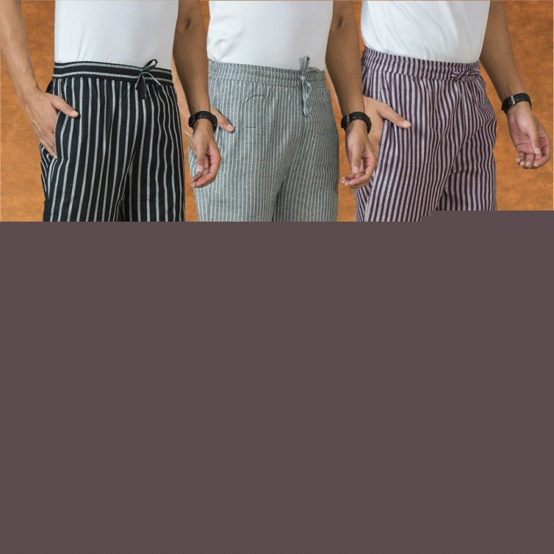 COMBO OF 3 MEN STRIPE COTTON HANDLOOM PANT PURPLE GRAY AND BLACK-15431