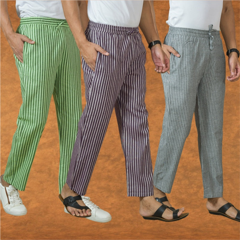 COMBO OF 3 MEN STRIPE COTTON HANDLOOM PANT PURPLE GRAY AND OLIVE GREEN-15382