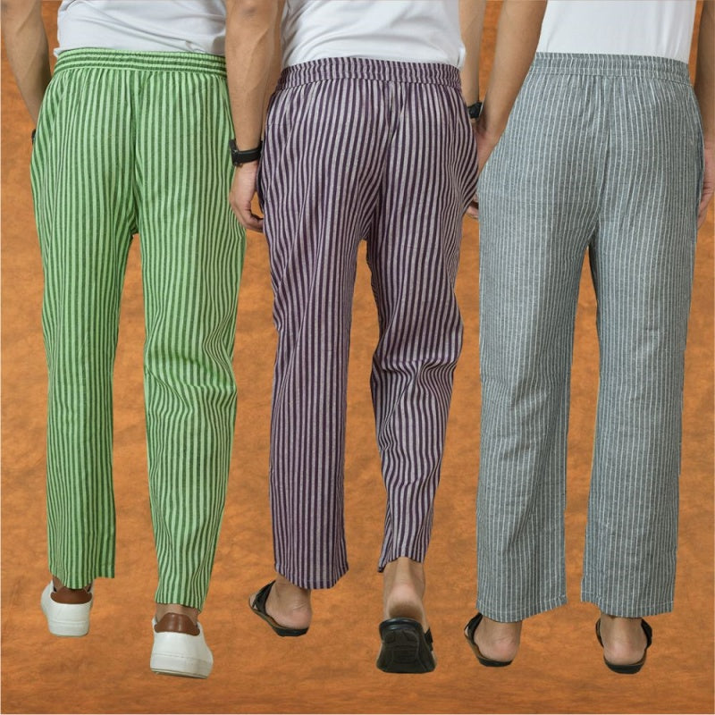 COMBO OF 3 MEN STRIPE COTTON HANDLOOM PANT PURPLE GRAY AND OLIVE GREEN-15382