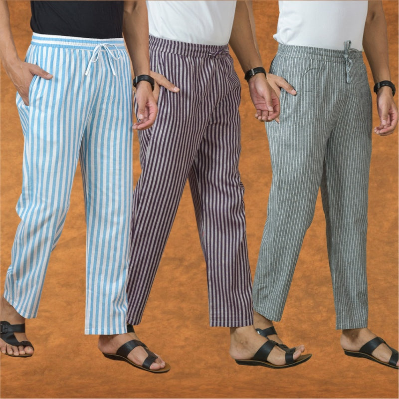COMBO OF 3 MEN STRIPE COTTON HANDLOOM PANT PURPLE GRAY AND SKY BLUE-15179