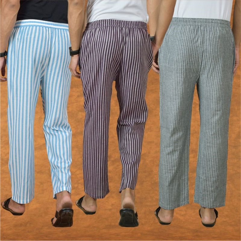 COMBO OF 3 MEN STRIPE COTTON HANDLOOM PANT PURPLE GRAY AND SKY BLUE-15179
