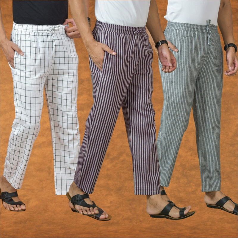 COMBO OF 3 MEN STRIPE COTTON HANDLOOM PANT PURPLE GRAY AND WHITE-15301