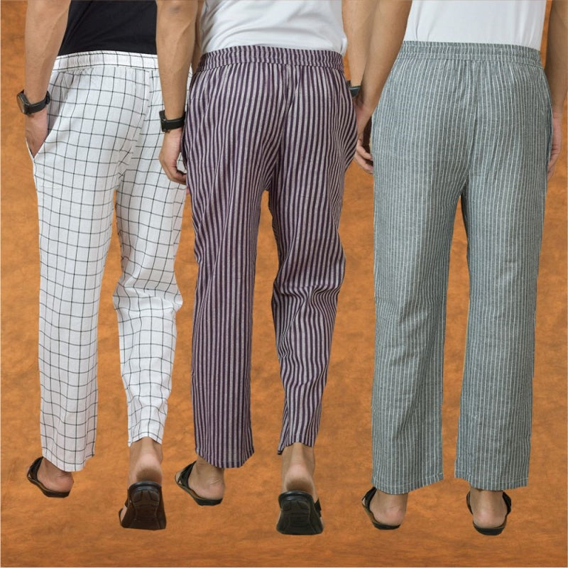 COMBO OF 3 MEN STRIPE COTTON HANDLOOM PANT PURPLE GRAY AND WHITE-15301