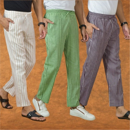 COMBO OF 3 MEN STRIPE COTTON HANDLOOM PANT PURPLE OLIVE GREEN AND BEIGE-15325